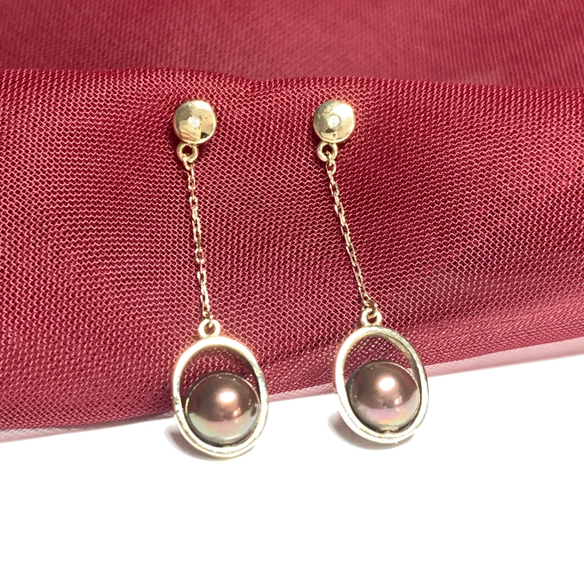 Chocolate pearl drop earrings freshwater cultured yellow gold