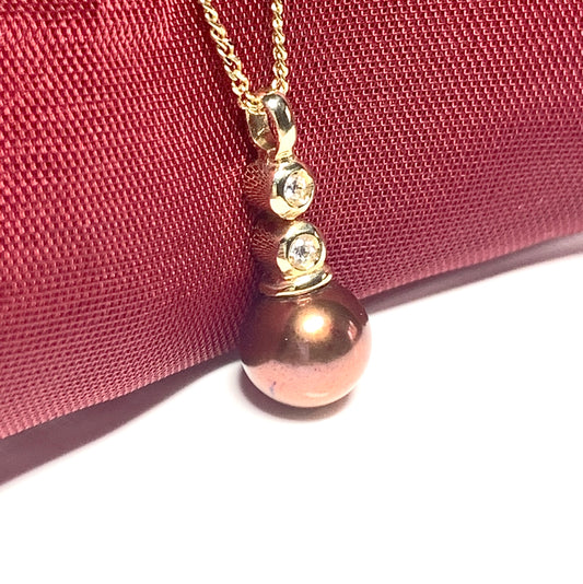Chocolate pearl necklace freshwater cultured cubic zirconia yellow gold pendant