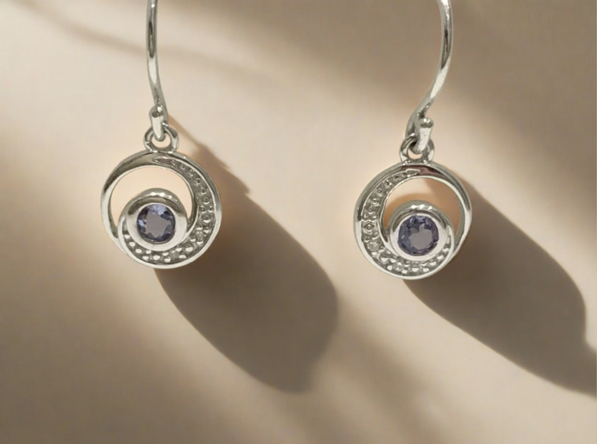 Circle tanzanite white gold drop earrings