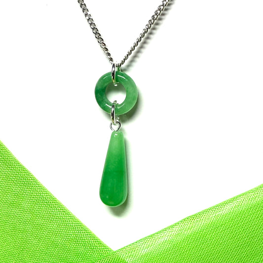 Circle and tear drop sterling silver pear shaped green real jade necklace pendant