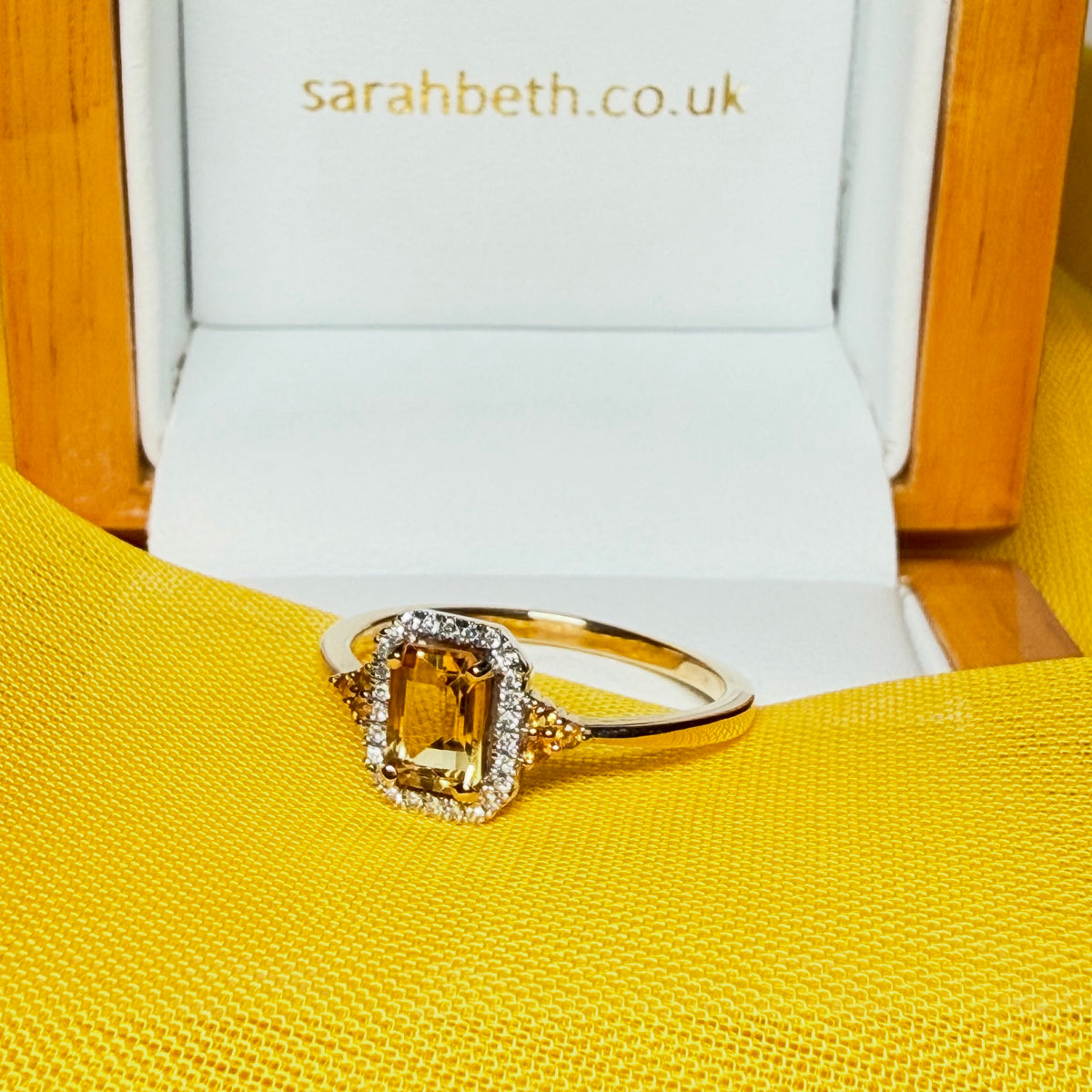 Citrine and diamond yellow gold octagonal cluster ring