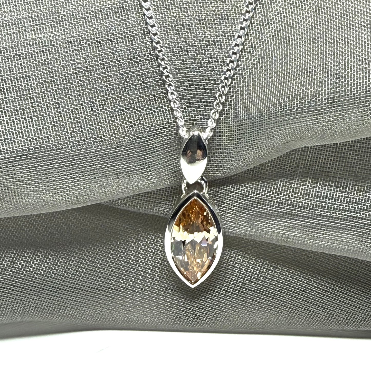 Citrine coloured cubic zirconia necklace pendant marquise smooth rub over setting with chain