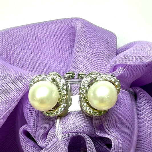 Clip on earrings real freshwater pearl and cubic zirconia sterling silver