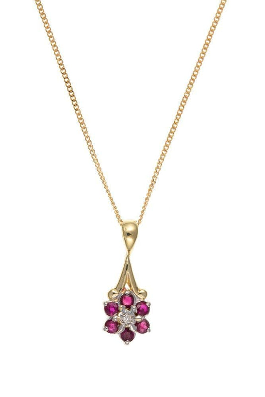 Real red ruby and diamond cluster necklace yellow gold