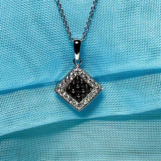 Cluster necklace black and white cubic zirconia square white gold pendant