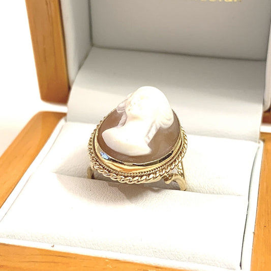 Real Cameo Shell Cocktail Dress Ring Yellow Gold