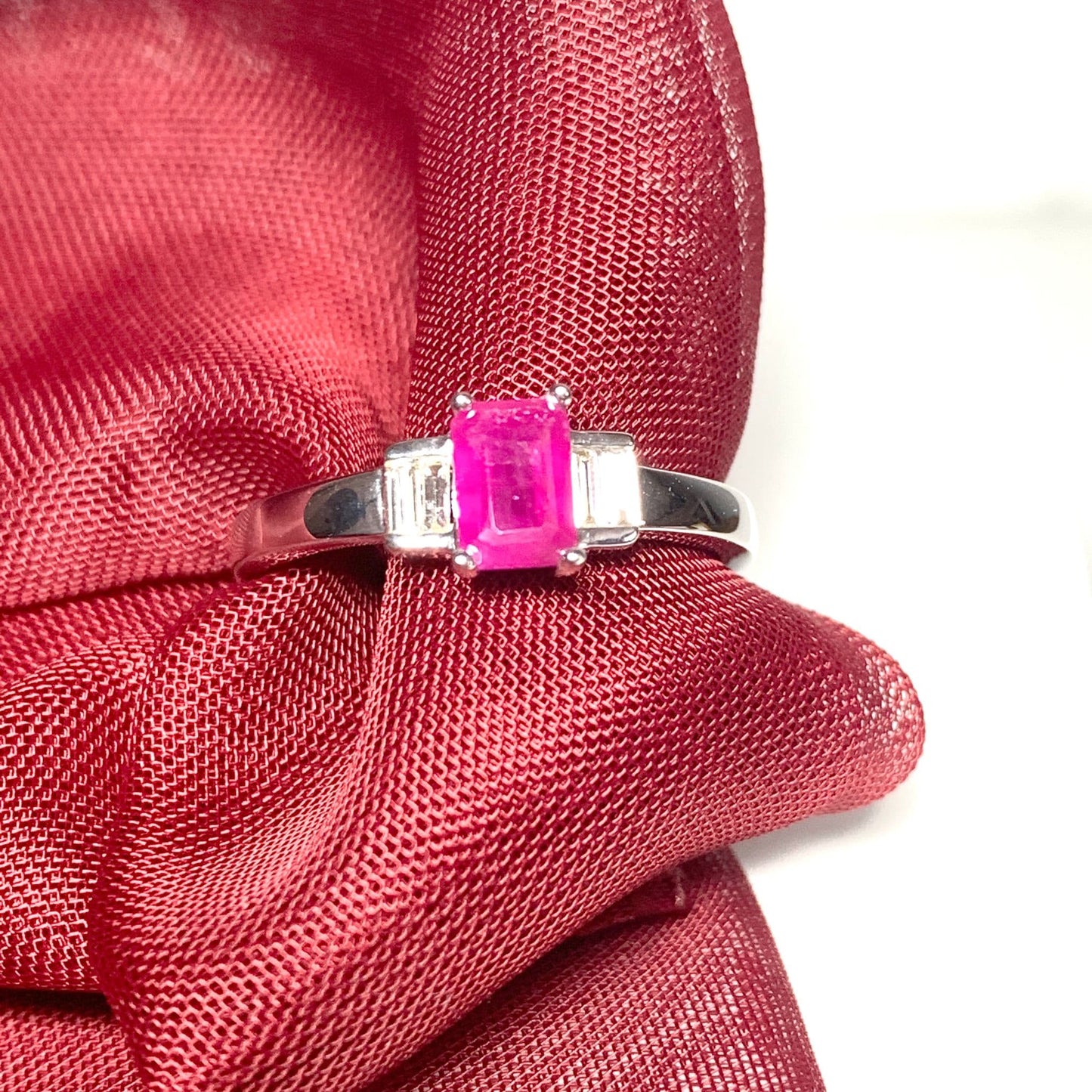 White Gold Red Ruby and Diamond Dress Cocktail Ring