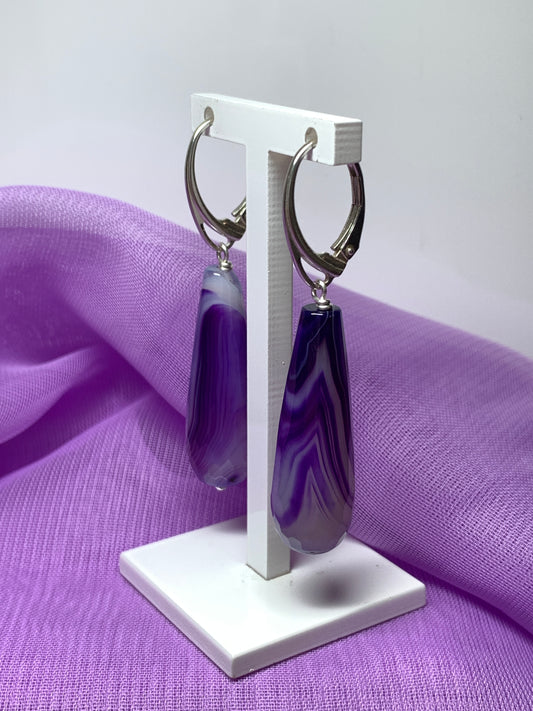 Copy of Purple agate tear drop shaped long drop earrings