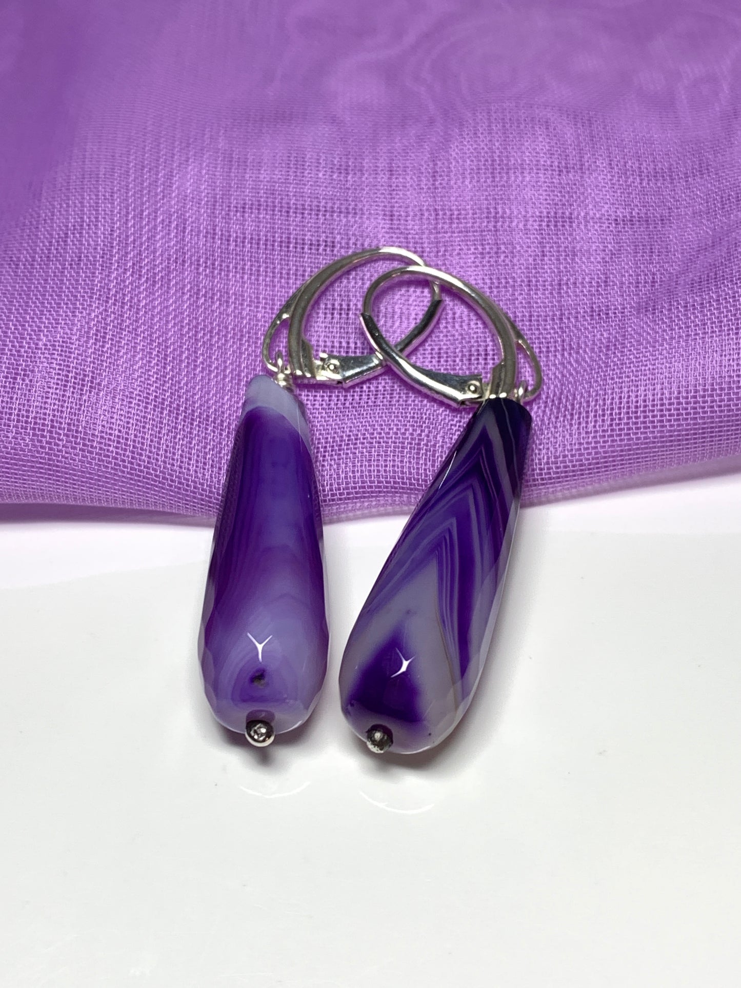 Copy of Purple agate tear drop shaped long drop earrings