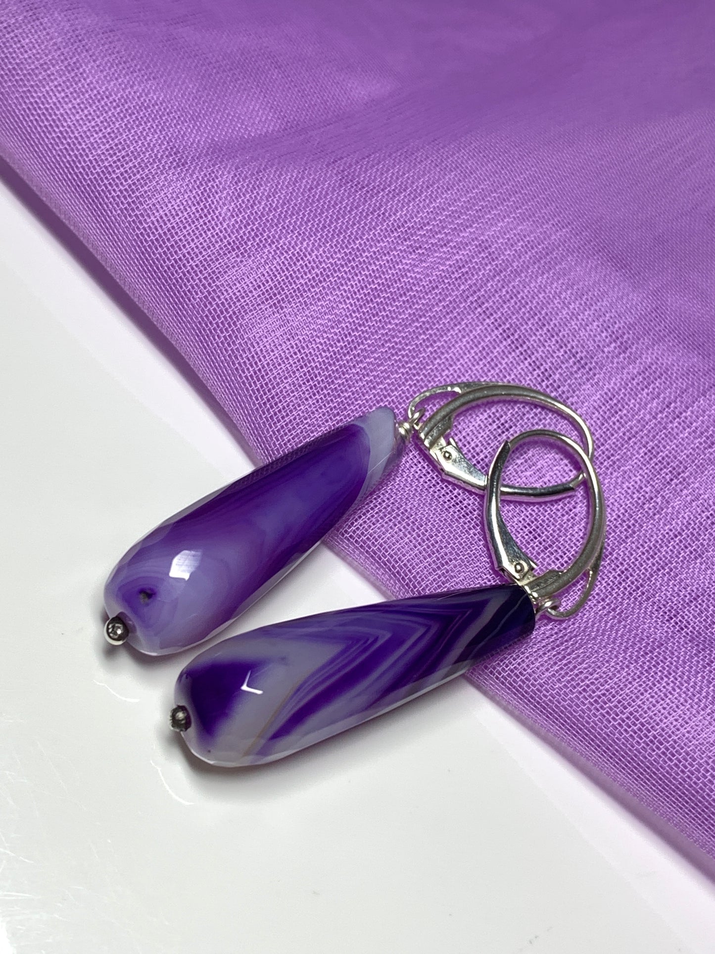 Copy of Purple agate tear drop shaped long drop earrings