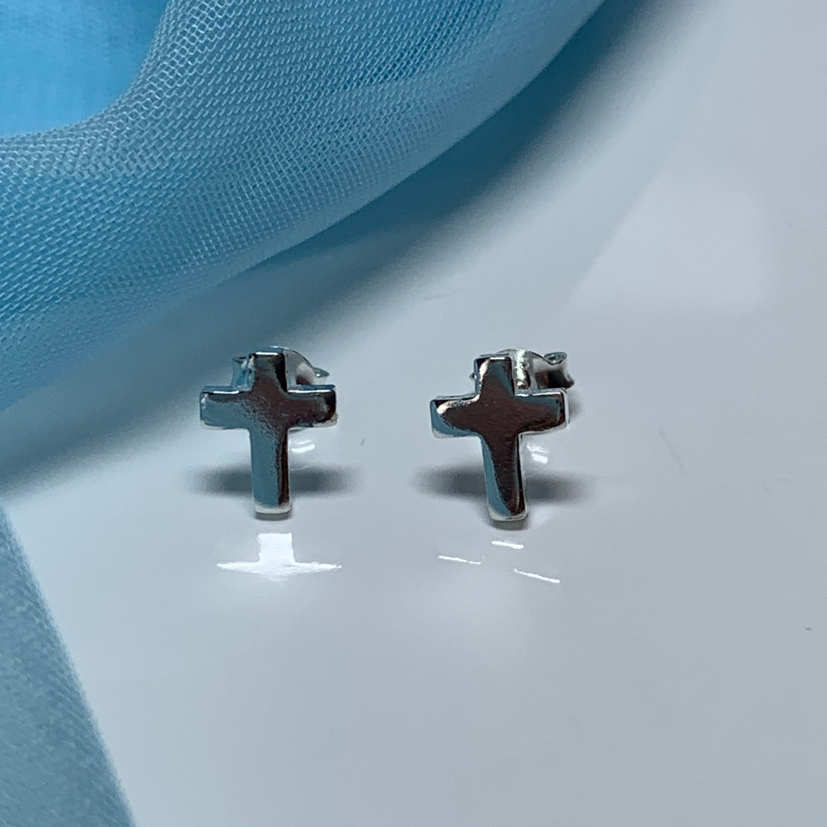Cross stud earrings plain polished sterling silver