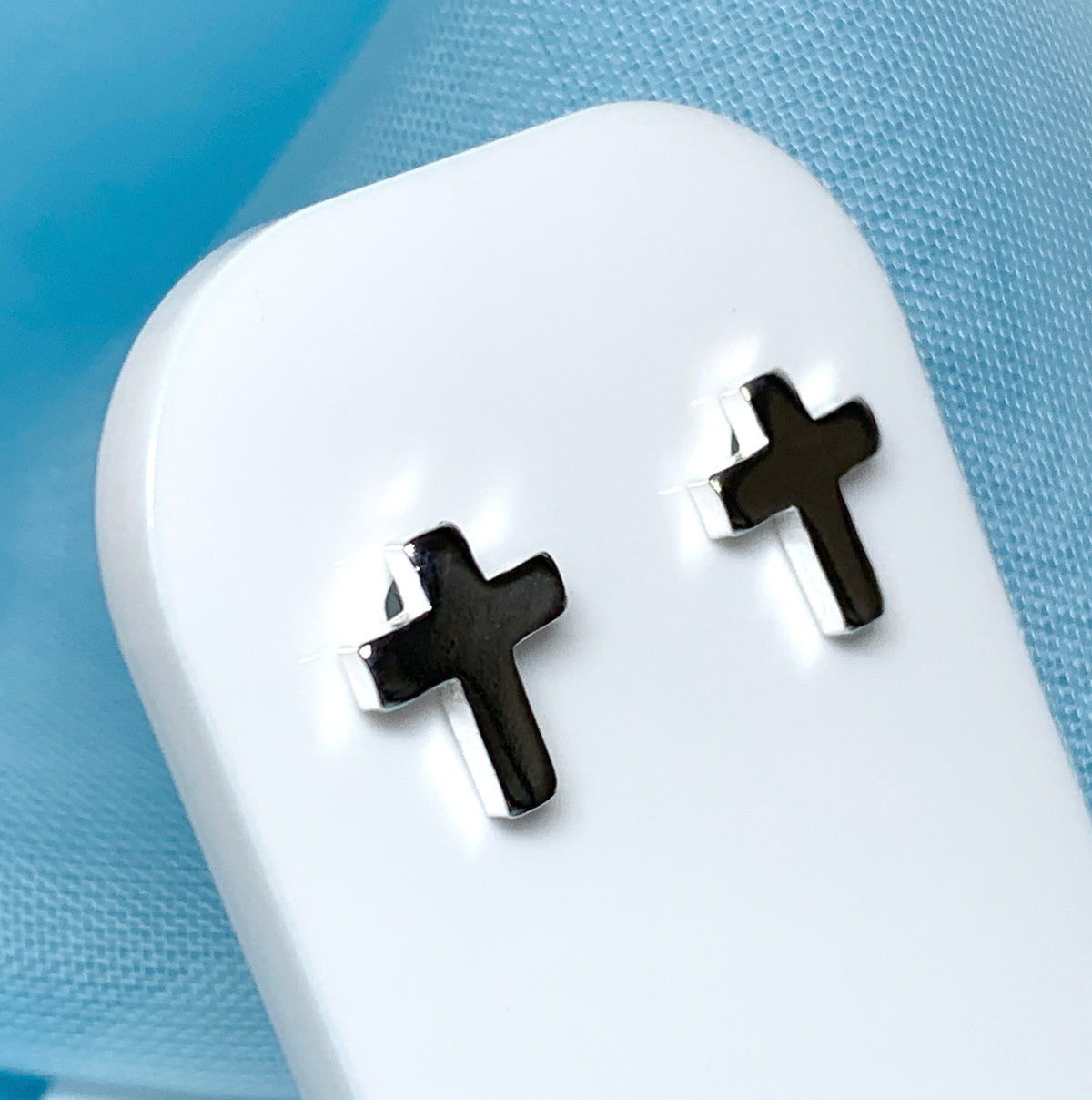 Cross stud earrings plain polished sterling silver