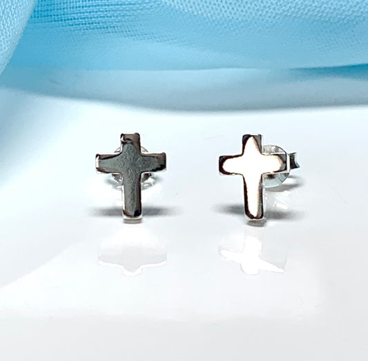 Cross stud earrings plain polished sterling silver