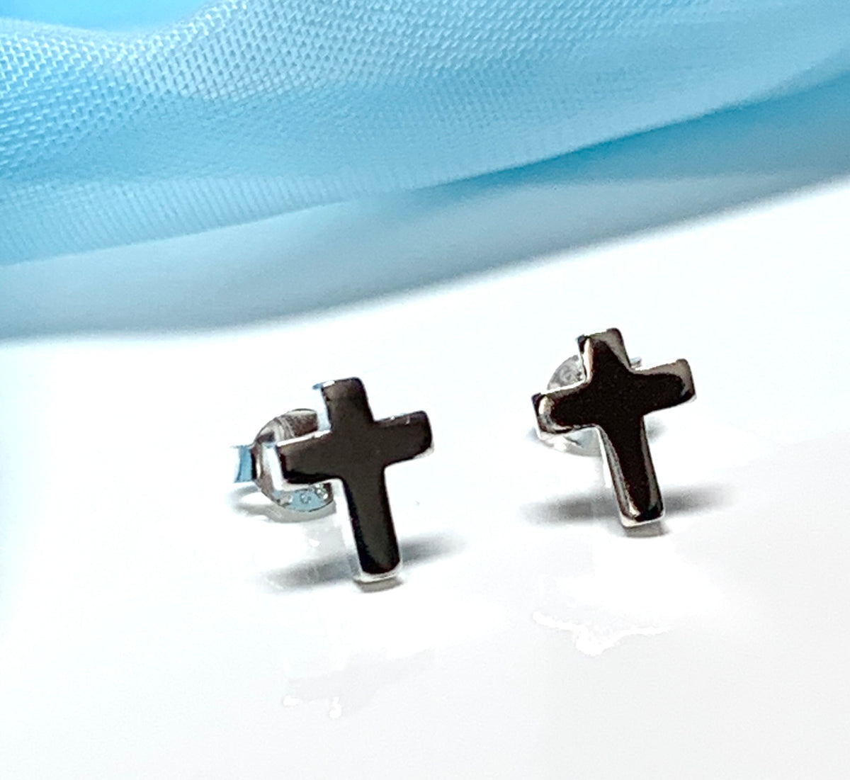 Cross stud earrings plain polished sterling silver