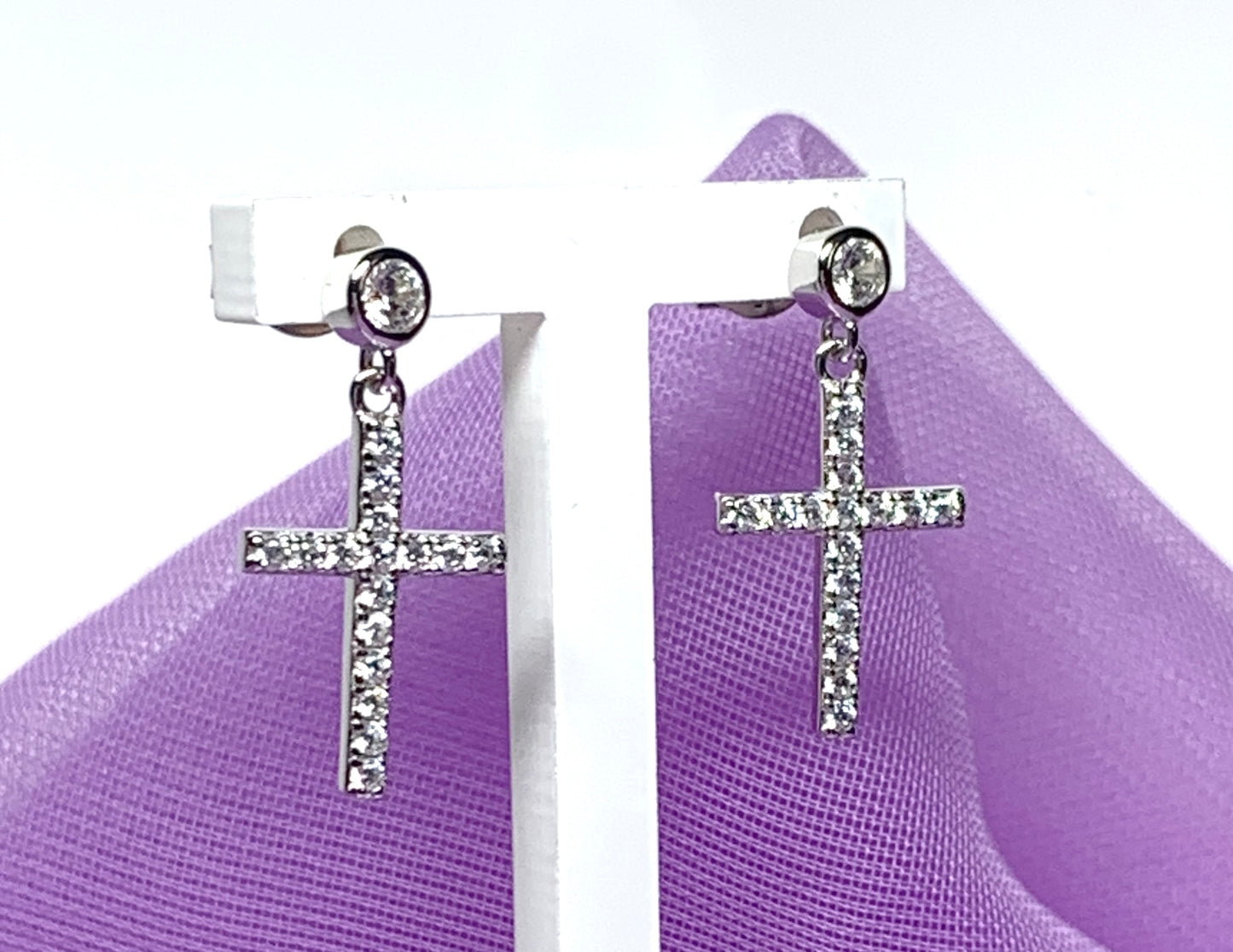 Cross drop earrings sparkling stone set cubic zirconia sterling silver