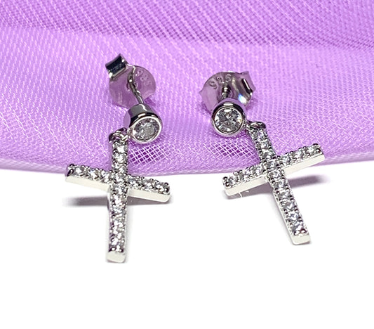Cross earrings drop sparkling stone set cubic zirconia sterling silver