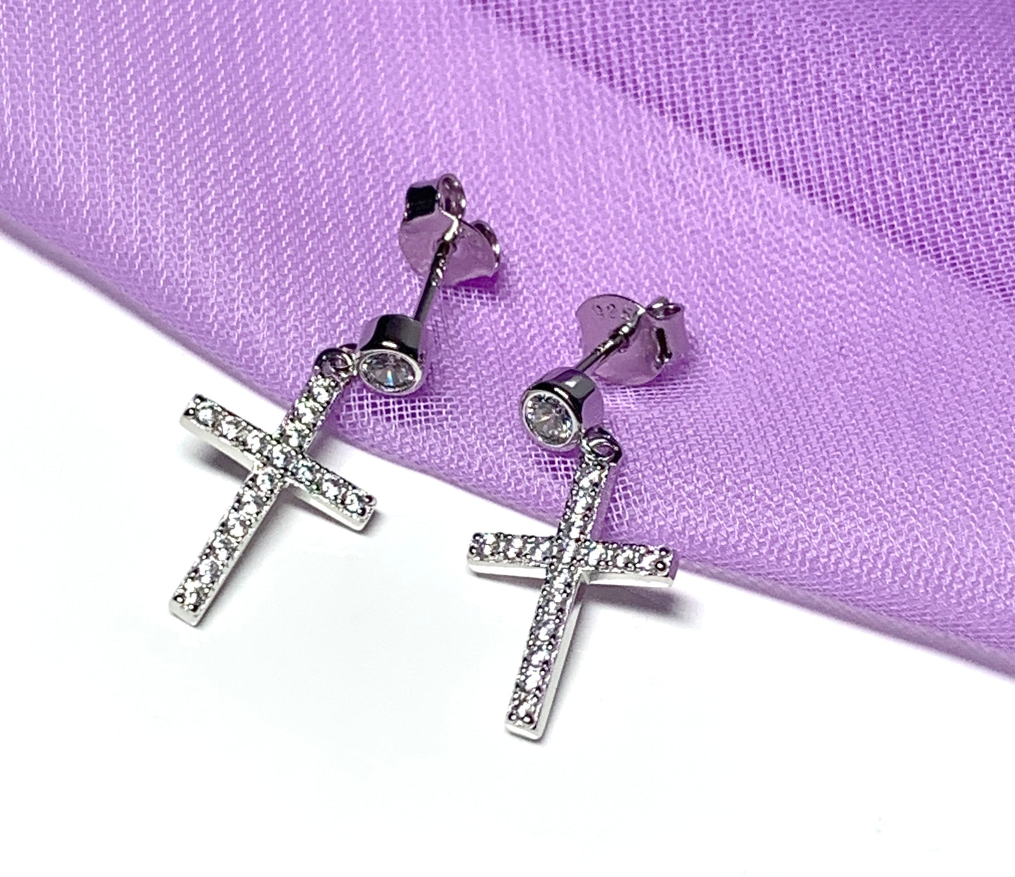 Cross drop earrings sparkling stone set cubic zirconia sterling silver