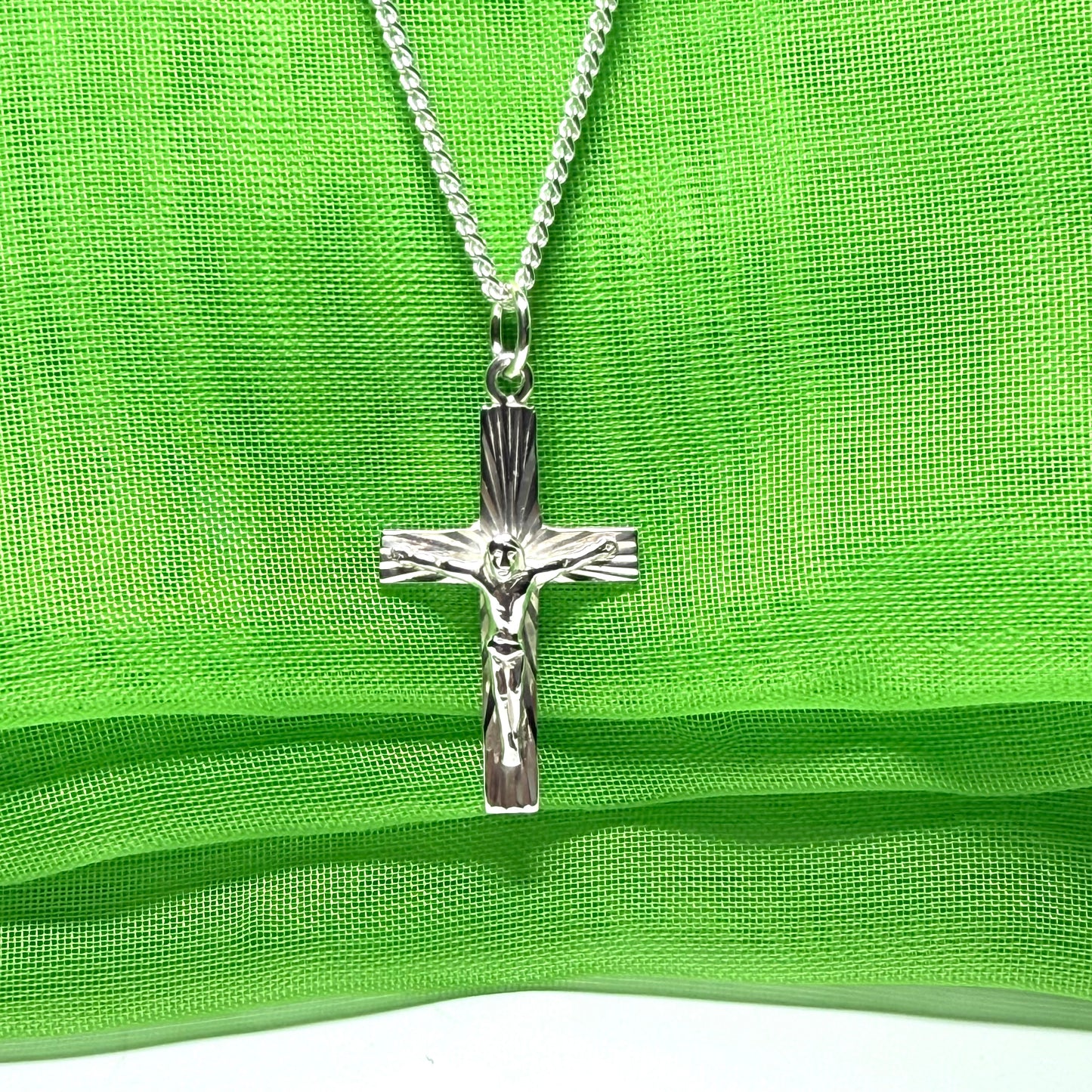 Crucifix with bark effect diamond cut solid sterling silver cross necklace with chain