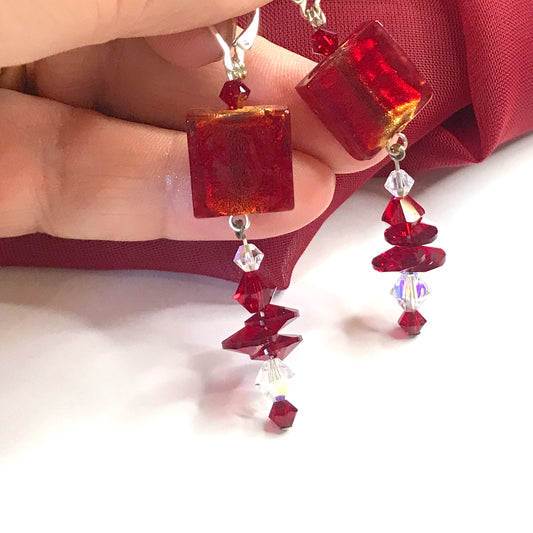 Cube designed red real Murano glass drop earrings