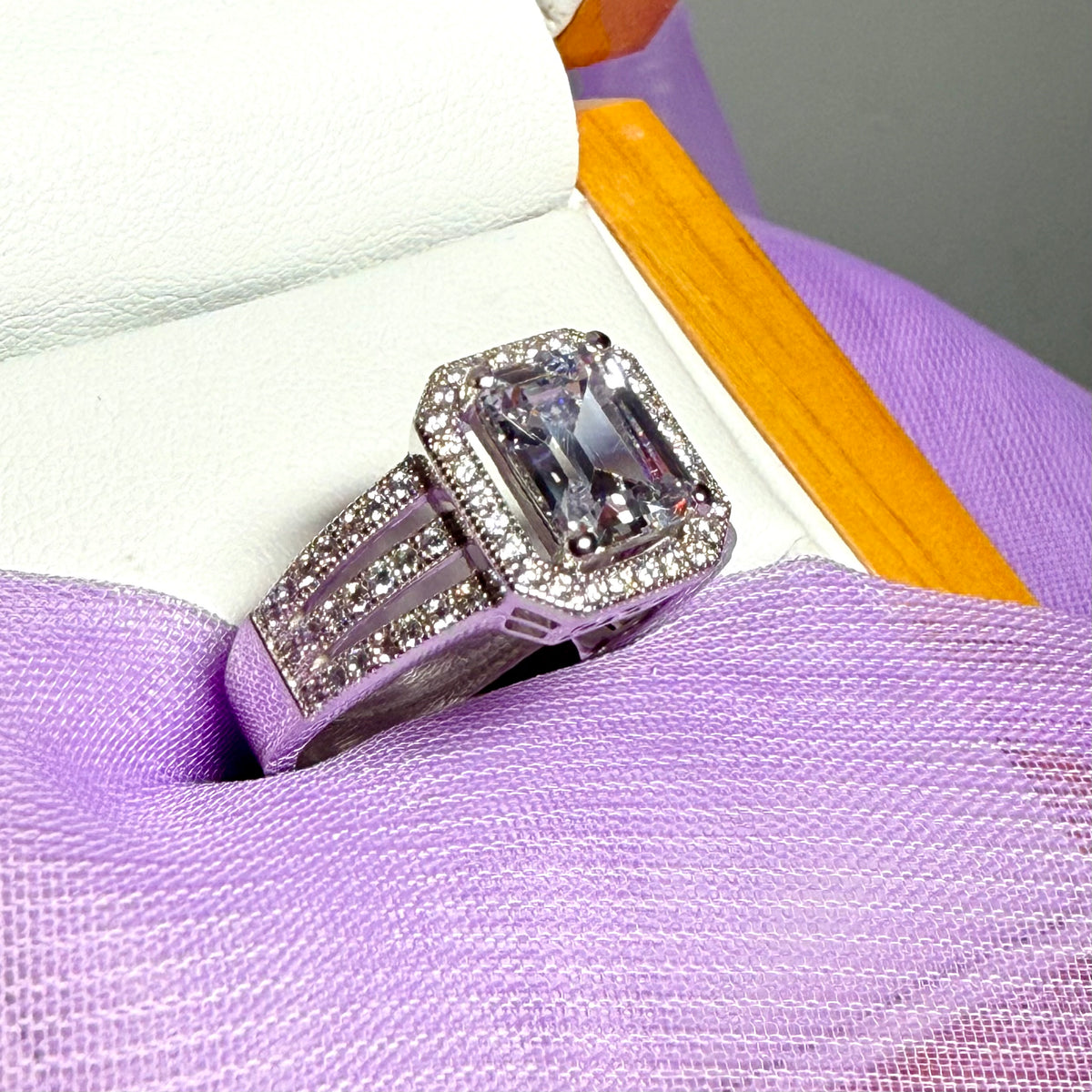 Cubic zirconia sterling silver emerald cut fancy dress ring