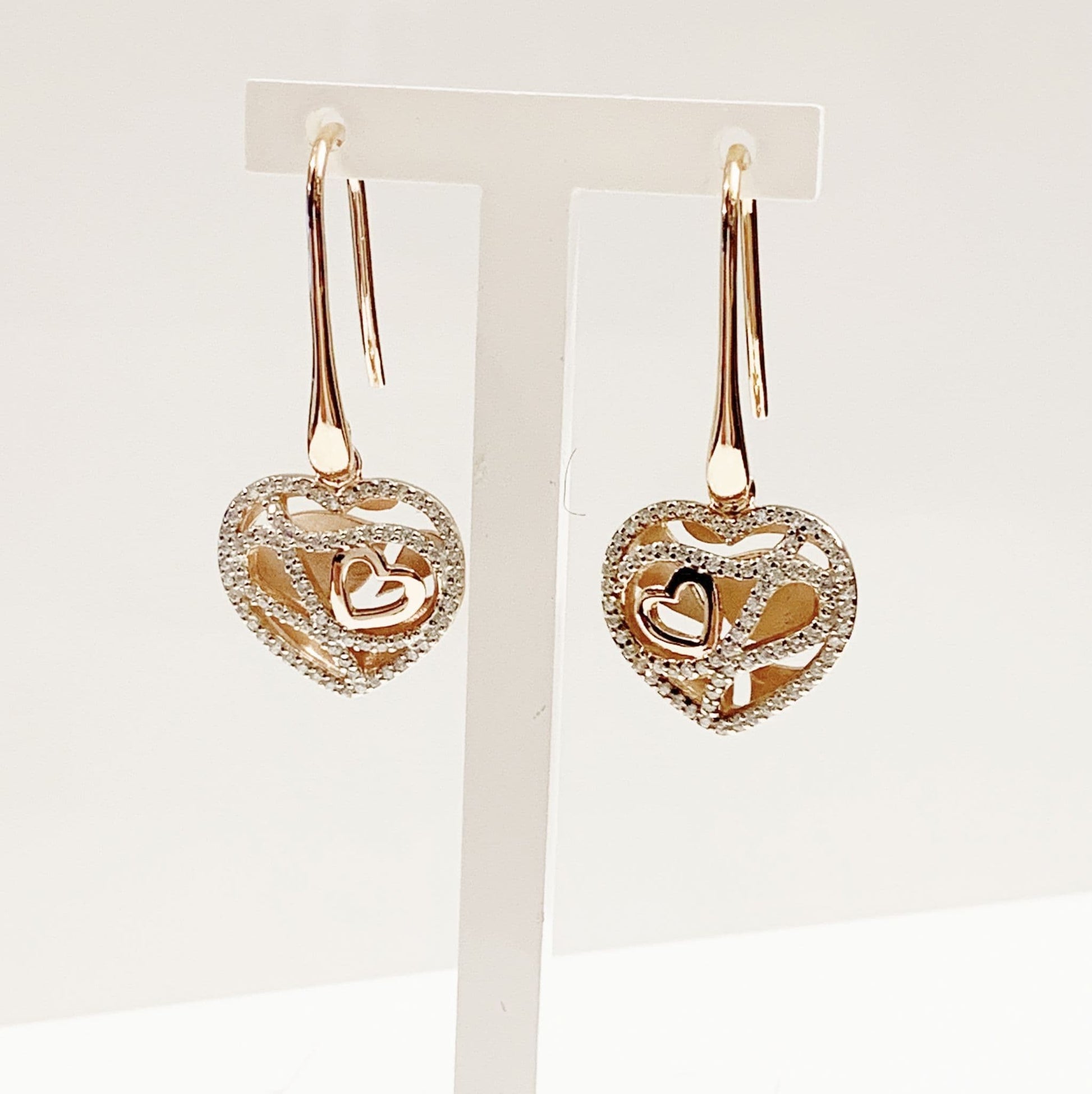 Sterling silver cubic zirconia heart drop earrings with rose gold gilt