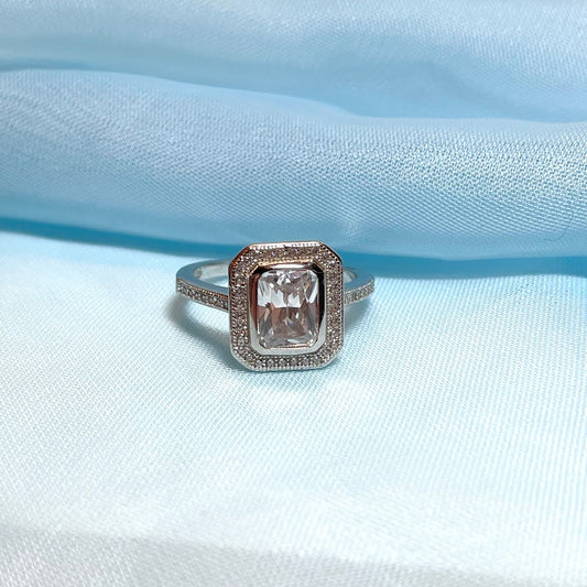 Cubic zirconia sterling silver emerald cut fancy cluster dress ring