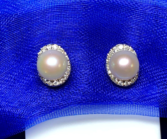 Cultured pearl and cubic zirconia fancy round cluster stud earrings sterling silver