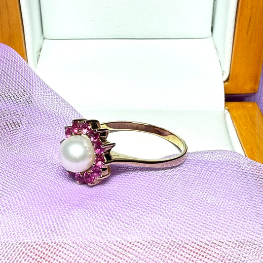 Cultured pearl and ruby yellow gold round cluster ring