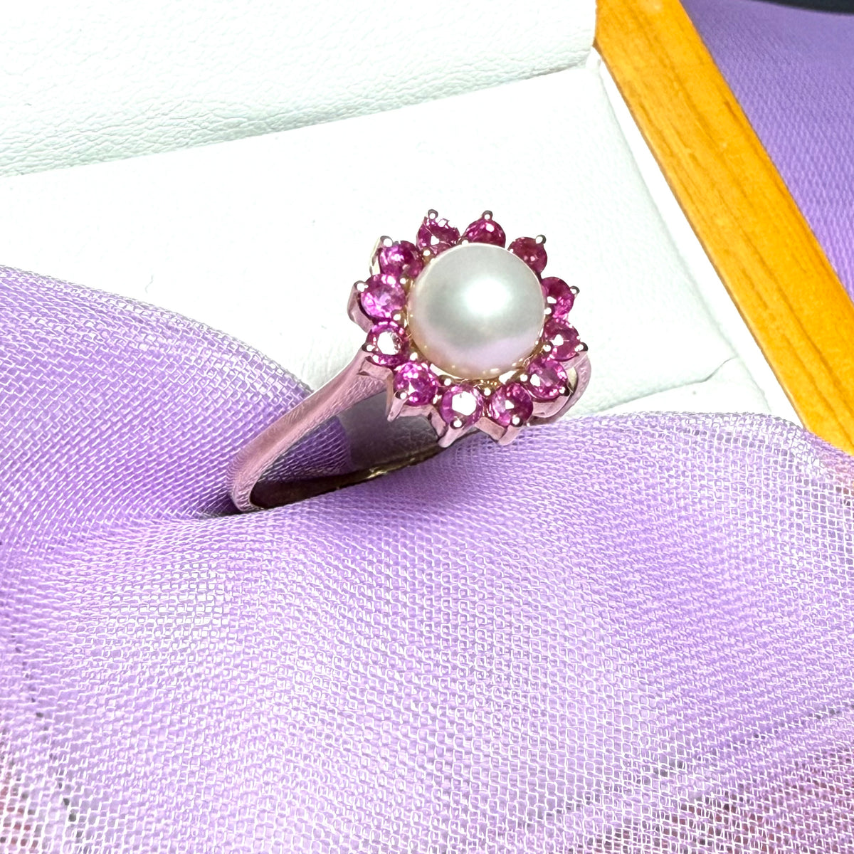 Cultured pearl and ruby yellow gold round cluster ring