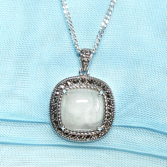 Cushion shaped silver green real jade and marcasite necklace pendant