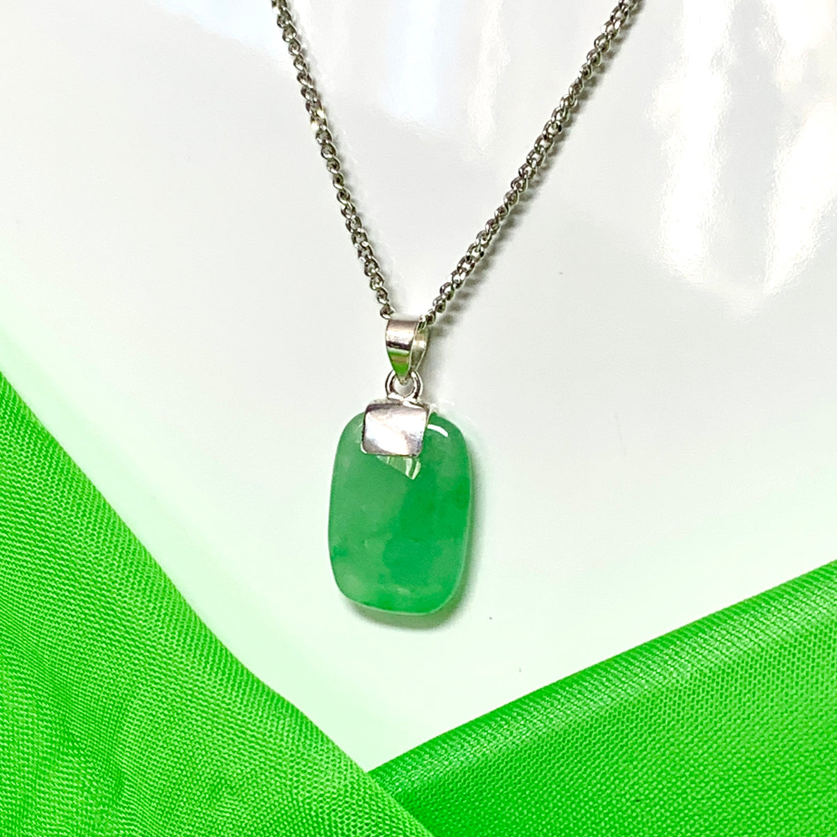Sterling silver cushion shaped real green jade necklace pendant with chain included
