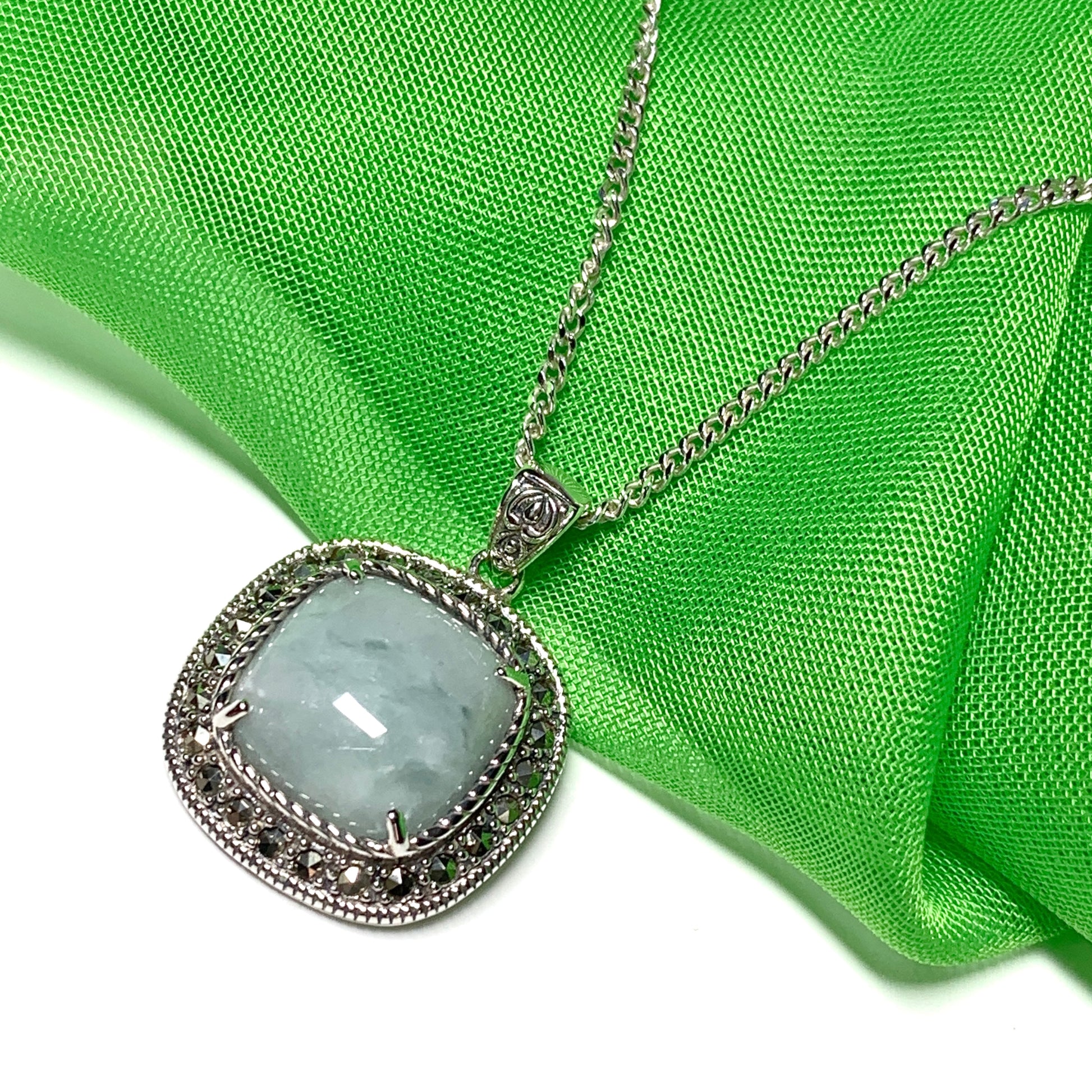 Cushion shaped silver green jade and marcasite necklace pendant