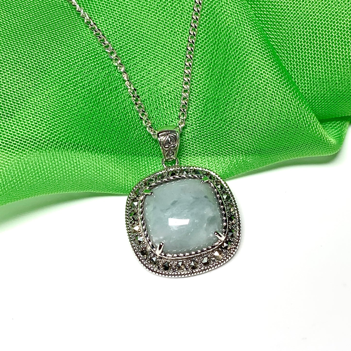 Cushion shaped silver green jade and marcasite necklace pendant