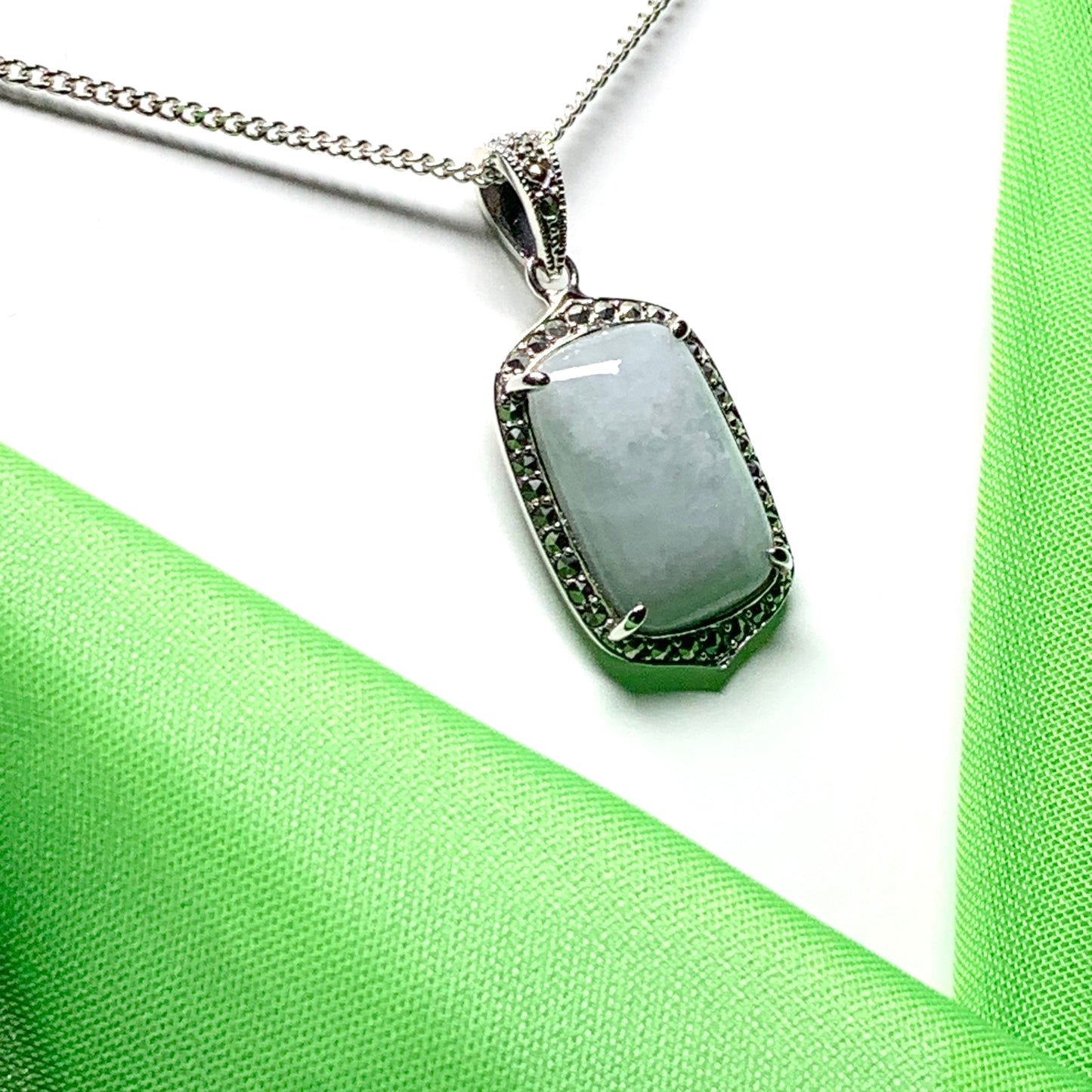 Long cushion shaped silver light green jade and marcasite necklace pendant