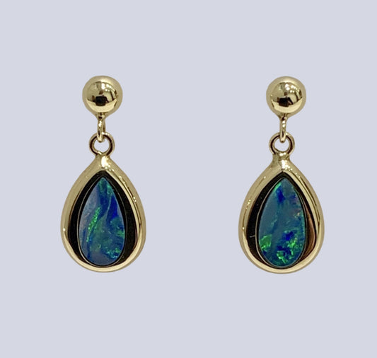 Dark blue real opal pear teardrop shaped yellow gold drop earrings