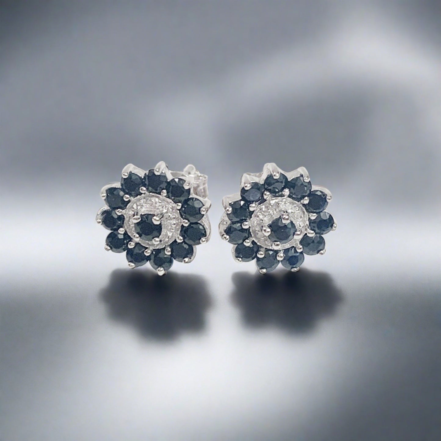 Dark Blue Round Sapphire And Diamond Sterling Silver Cluster Stud Earrings
