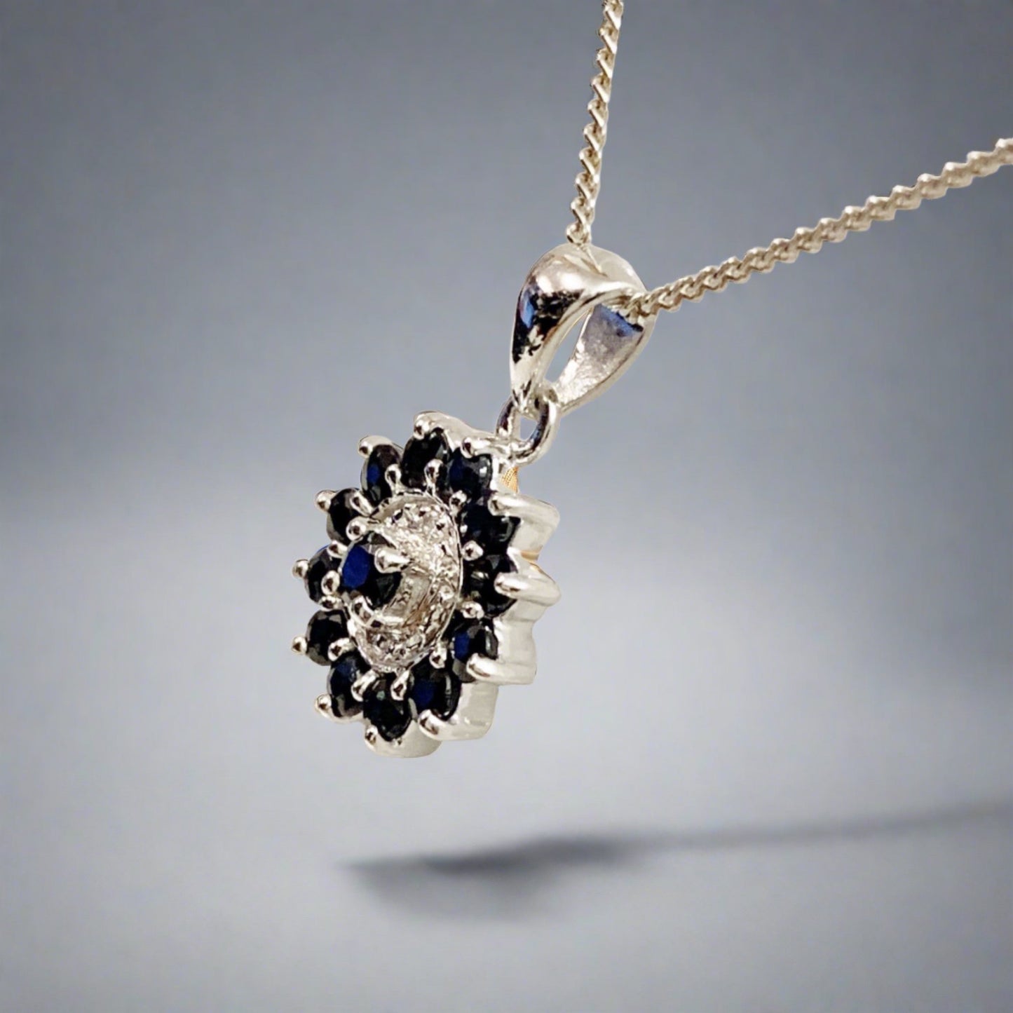 Dark Blue Round Sapphire And Diamond Sterling Silver Necklace Pendant