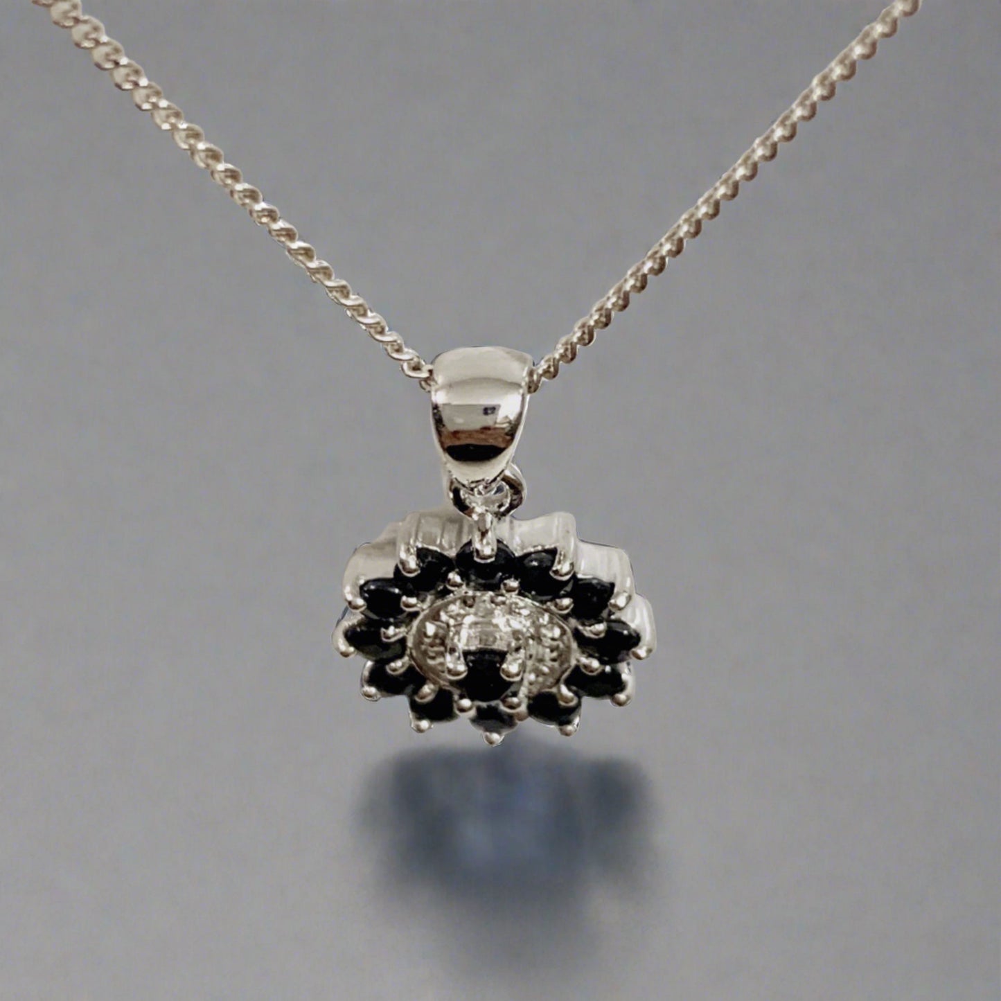 Dark Blue Round Sapphire And Diamond Sterling Silver Necklace Pendant