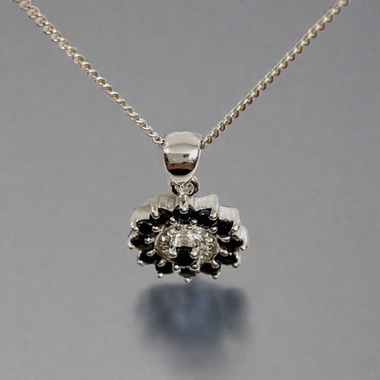 Dark Blue Round Sapphire And Diamond Sterling Silver Necklace Pendant