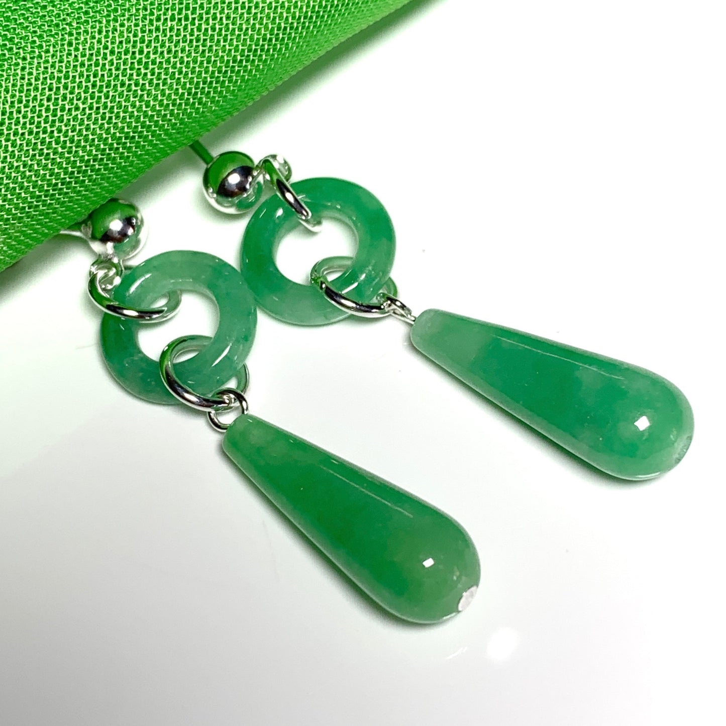 Dark Green Jade Silver Round And Teardrop Sterling Silver Drop Earrings