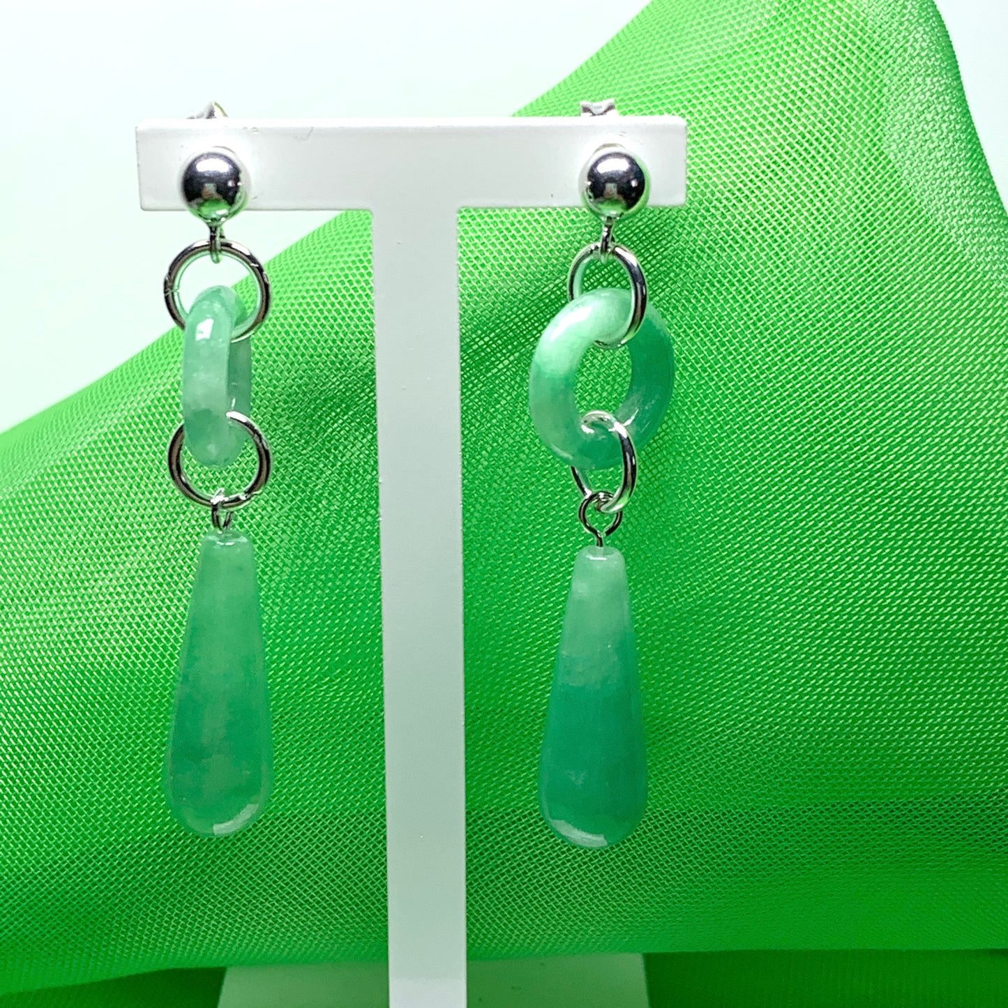 Dark Green Jade Silver Round And Teardrop Sterling Silver Drop Earrings