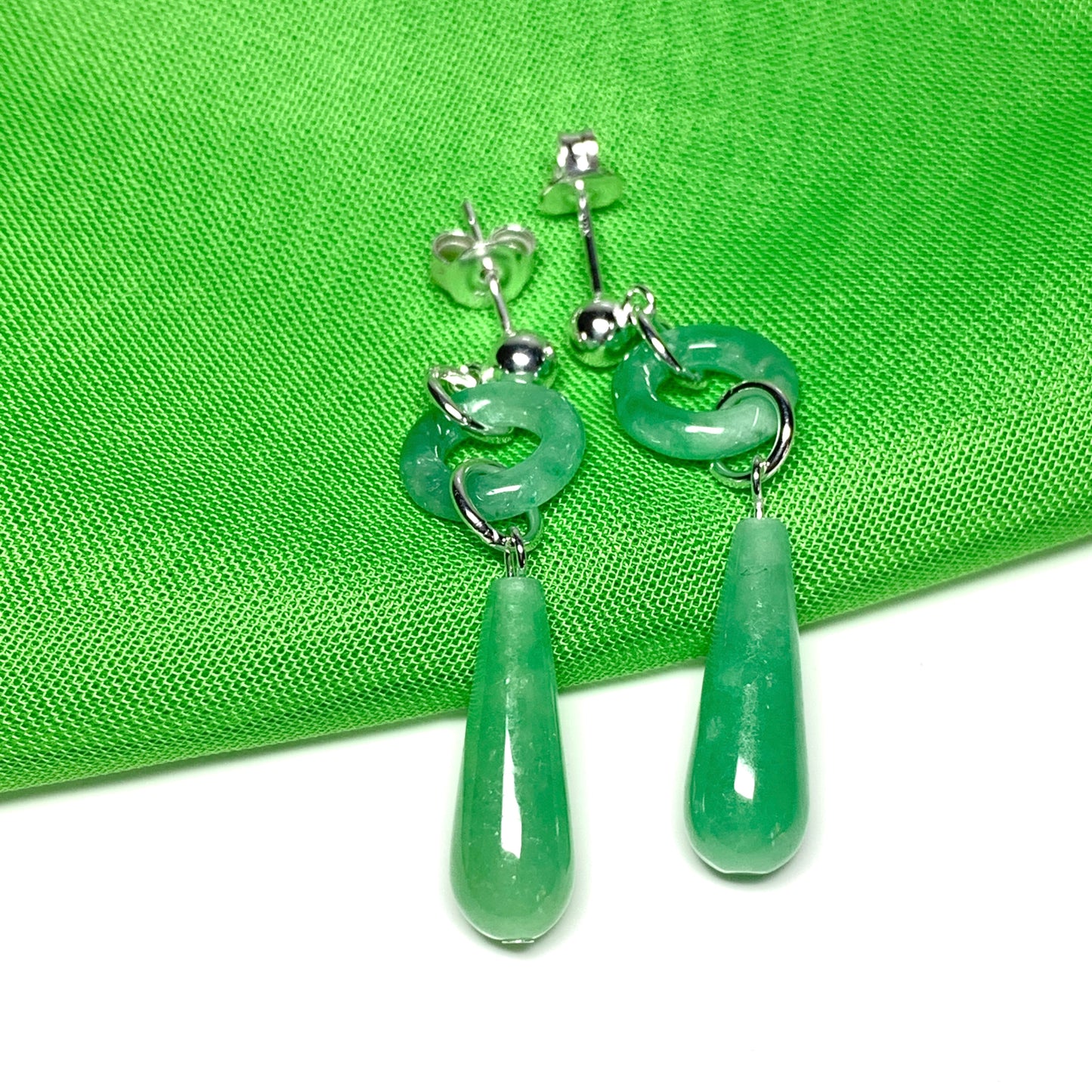 Dark Green Jade Silver Round And Teardrop Sterling Silver Drop Earrings