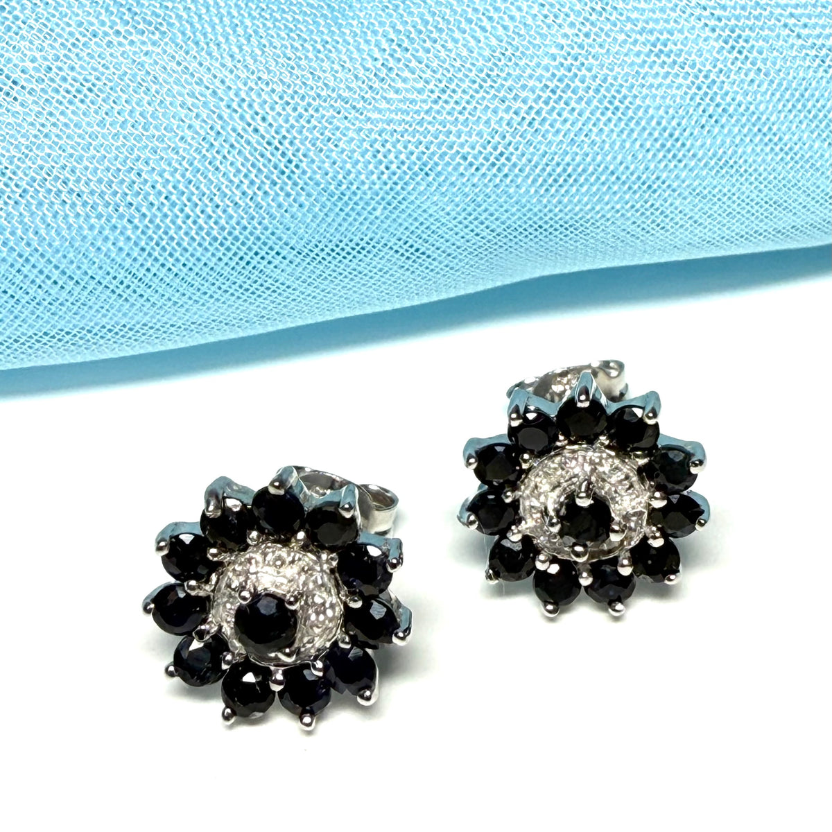 Dark Blue Round Sapphire And Diamond Sterling Silver Cluster Stud Earrings