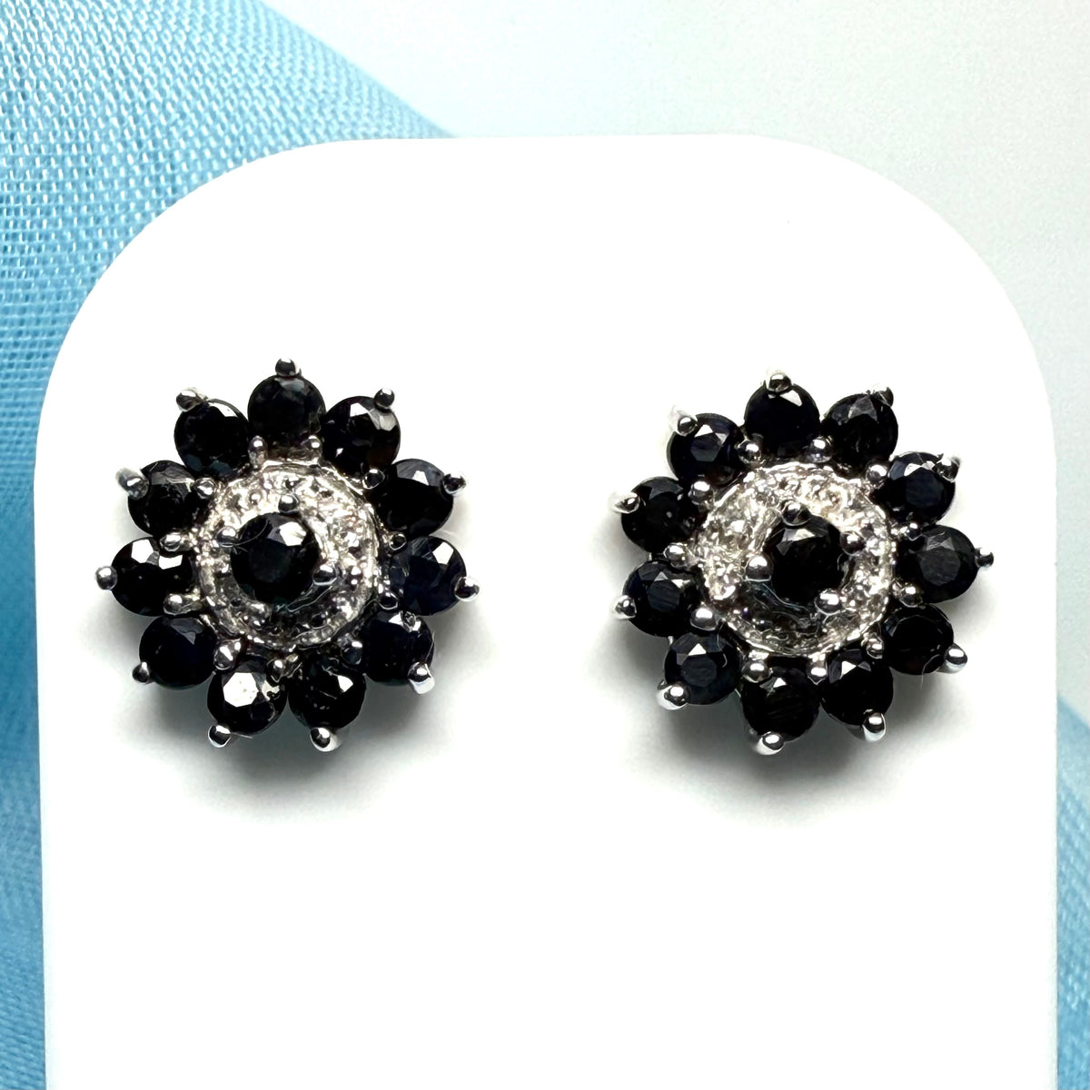 Dark Blue Round Sapphire And Diamond Sterling Silver Cluster Stud Earrings