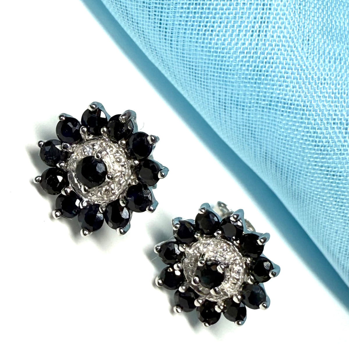 Dark Blue Round Sapphire And Diamond Sterling Silver Cluster Stud Earrings