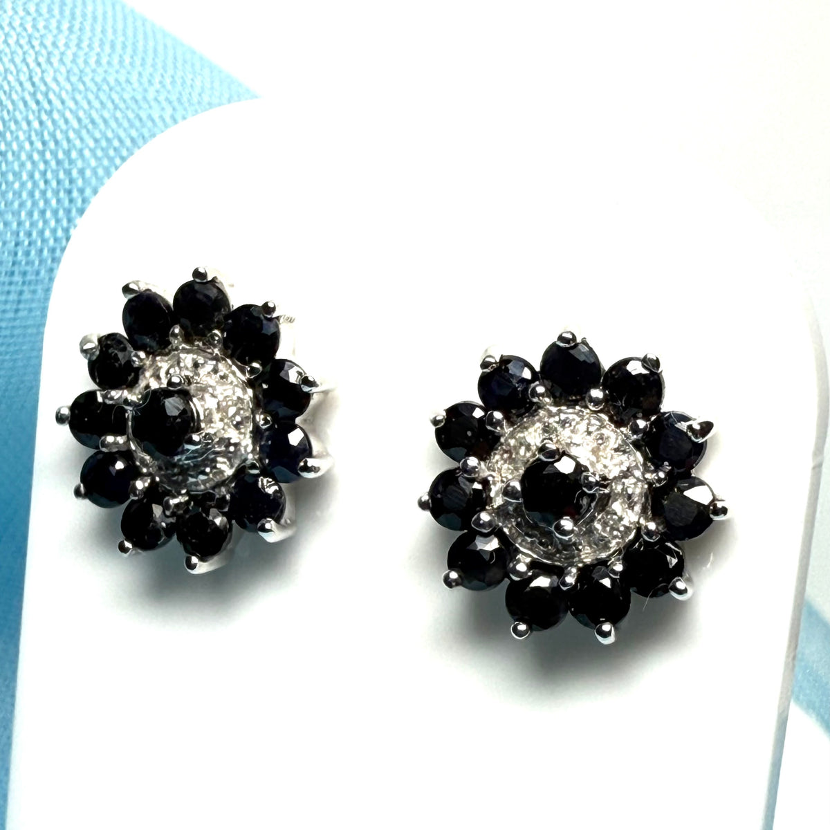Dark Blue Round Sapphire And Diamond Sterling Silver Cluster Stud Earrings