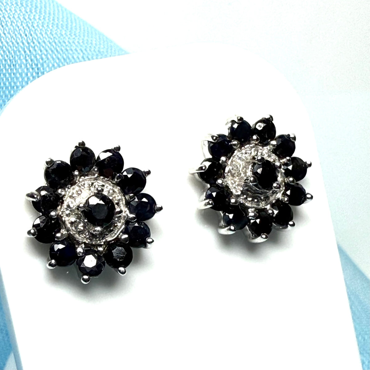 Dark Blue Round Sapphire And Diamond Sterling Silver Cluster Stud Earrings