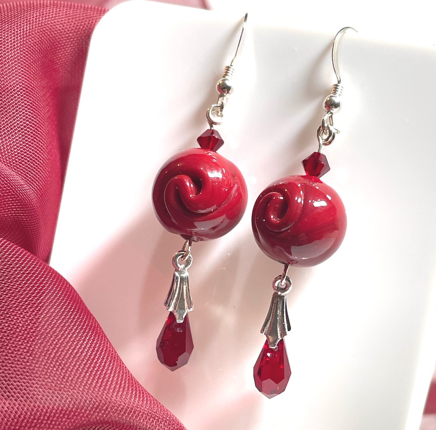 Rose Design Deep Red Murano Glass Drop Earrings