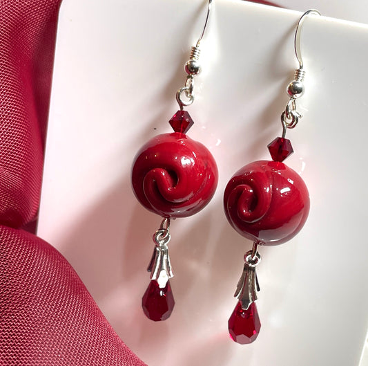 Rose Design Deep Red Murano Glass Drop Earrings
