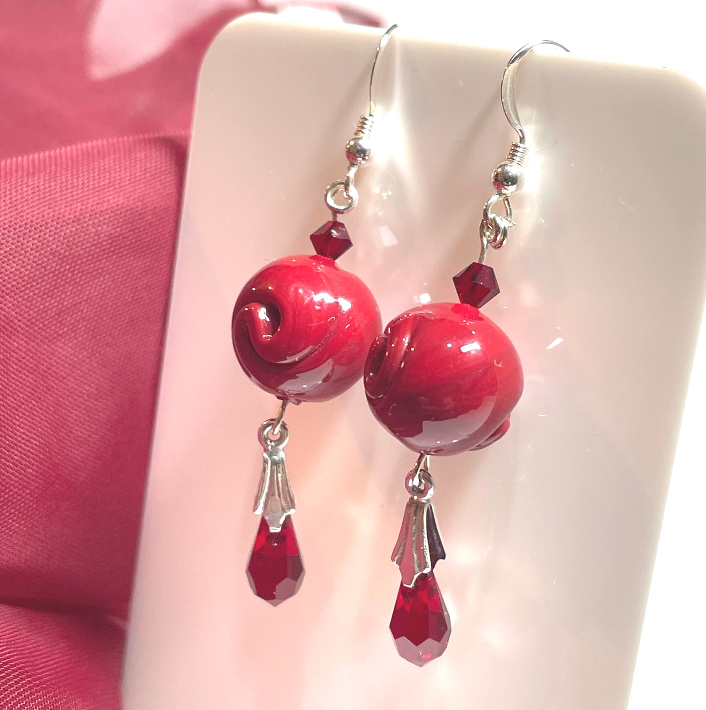 Rose Design Deep Red Murano Glass Drop Earrings